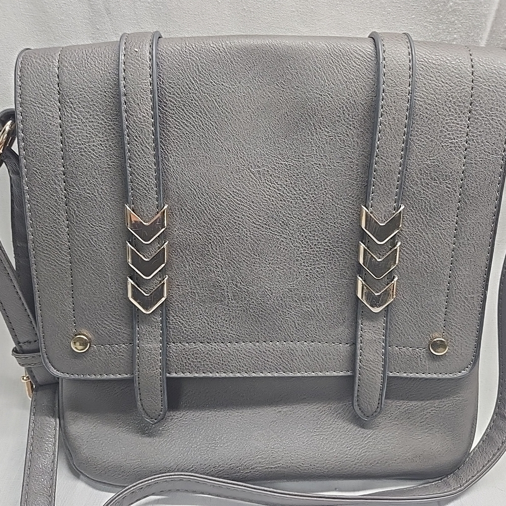 ALYSSA Flap over Crossbody Bag Charcoal Gray Faux Leather Silver Hardware